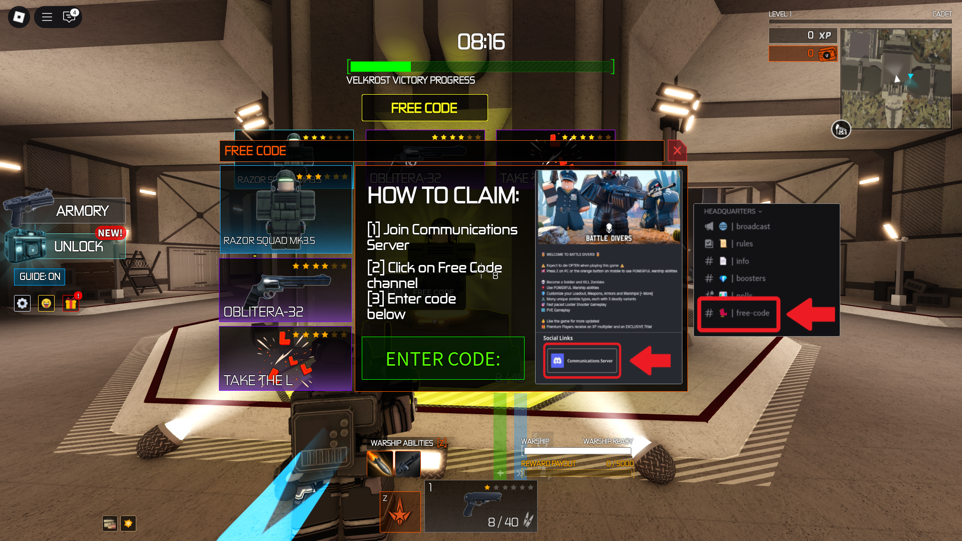 Redeeming codes in Battle Divers (Image via Roblox)