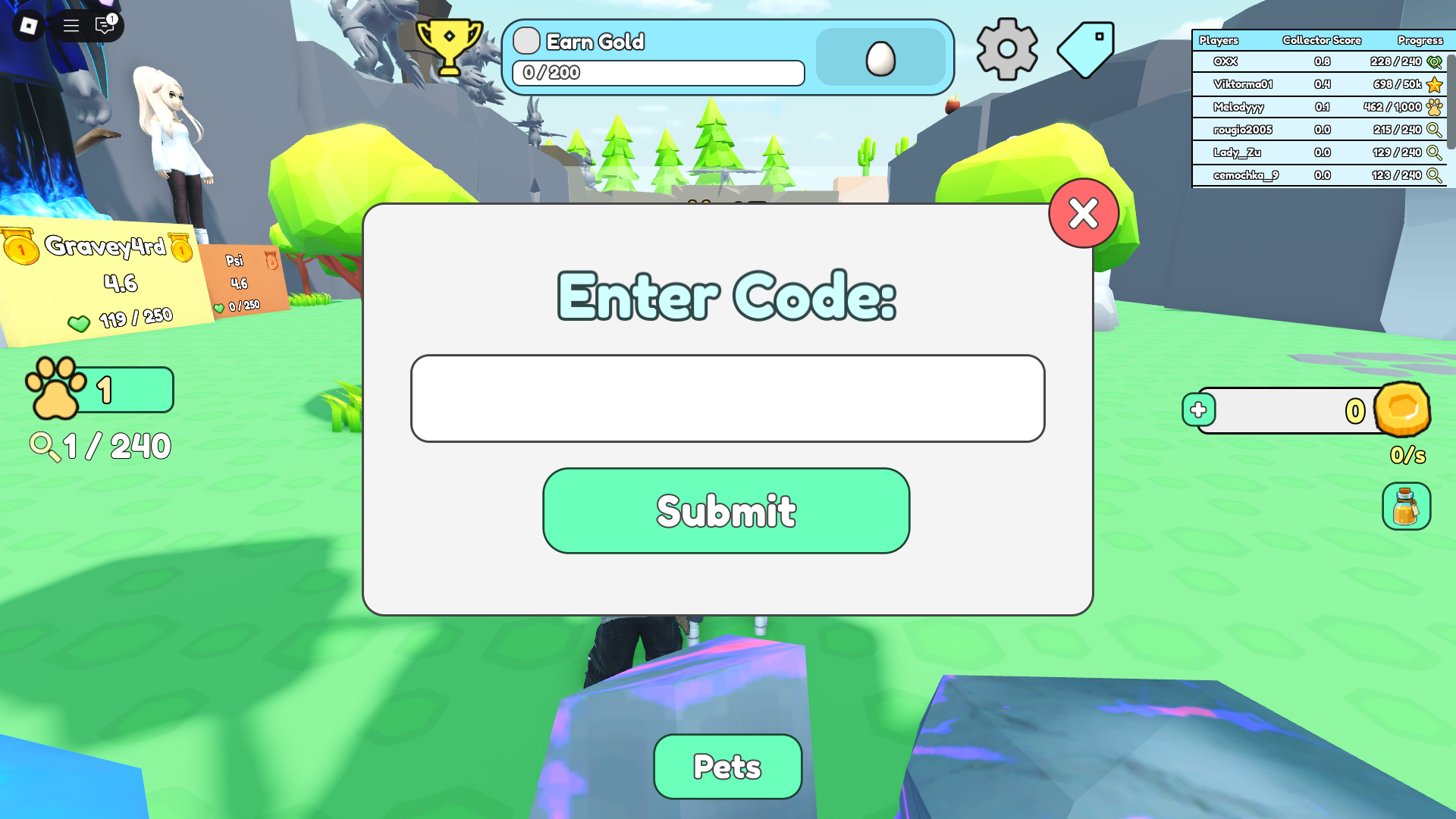Redeeming codes in Collect All Pets (Image via Roblox)