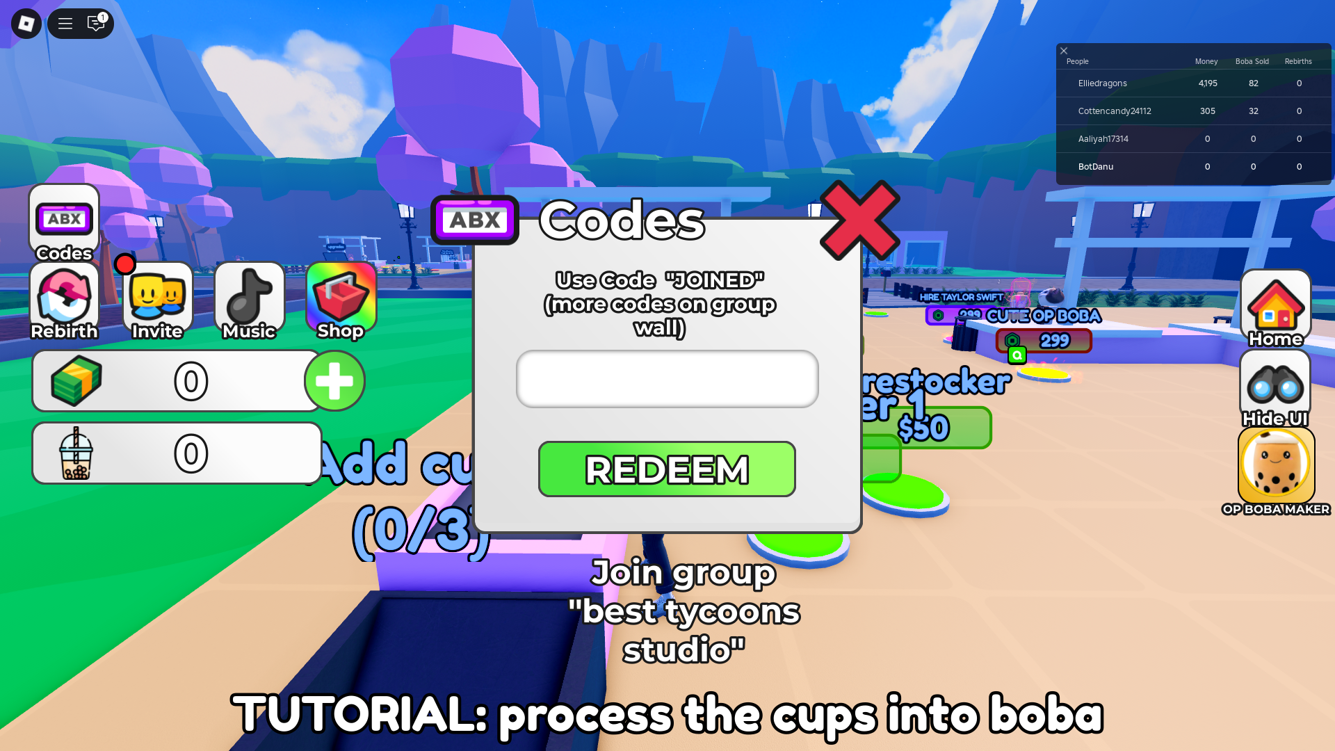 Redeeming codes in Boba Shop Tycoon (Image via Roblox)