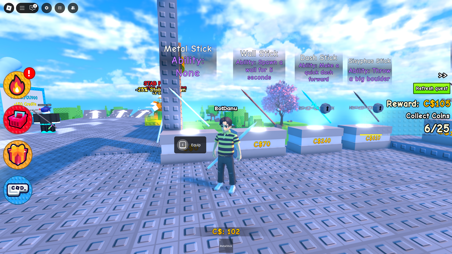 Using credits to buy more sticks (Image via Roblox)