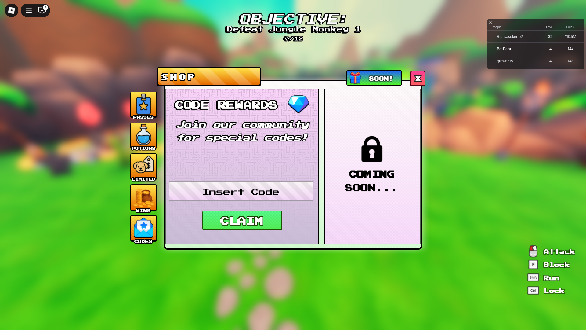 Redeeming codes in-game (Image via Roblox)