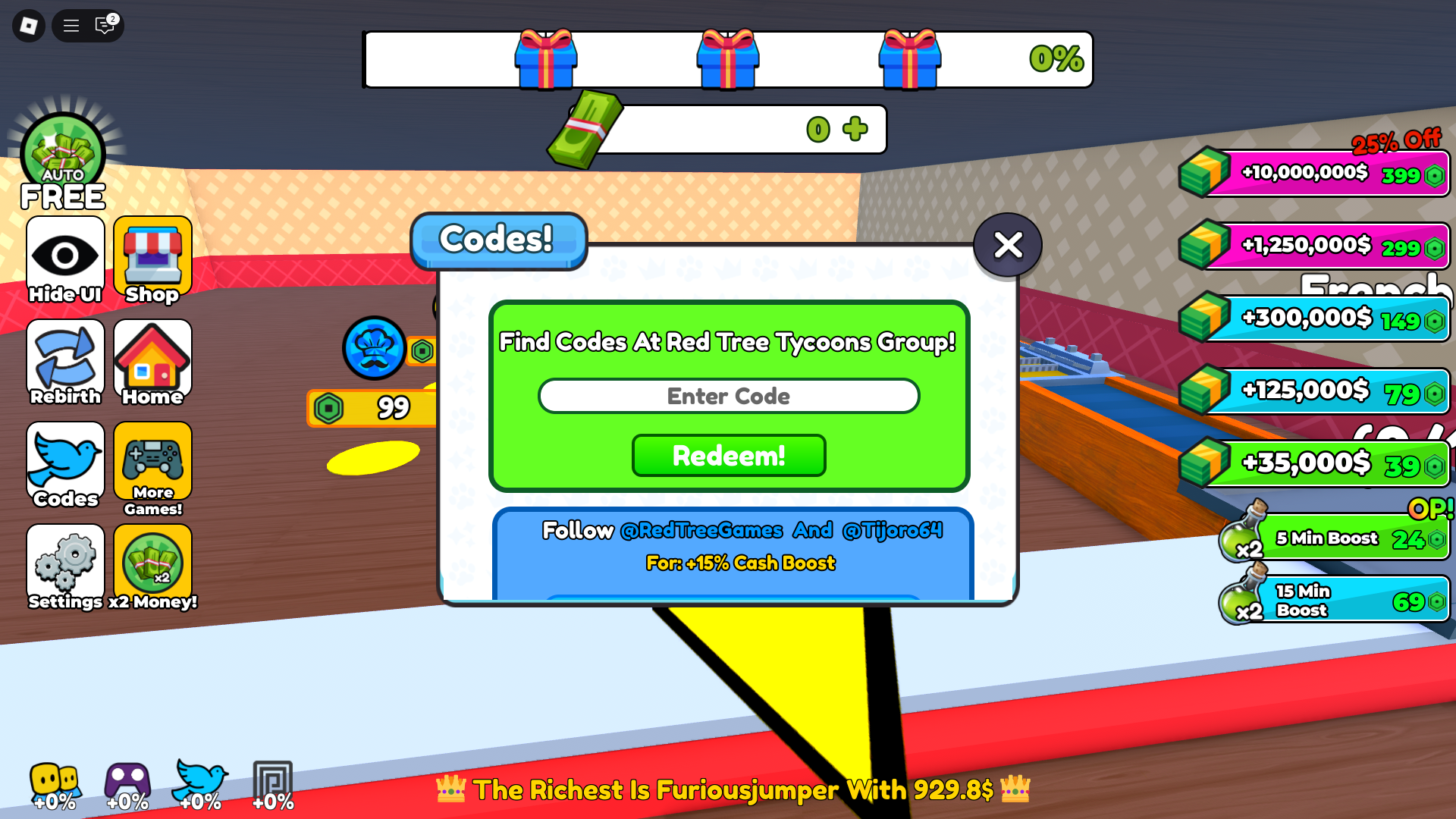 Redeeming codes for boost (Image via Roblox)