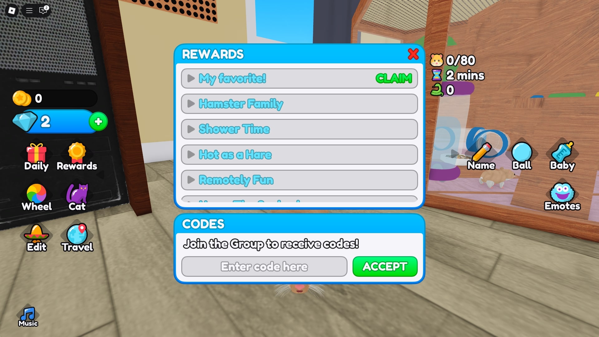 Redeeming codes for gems (Image via Roblox)