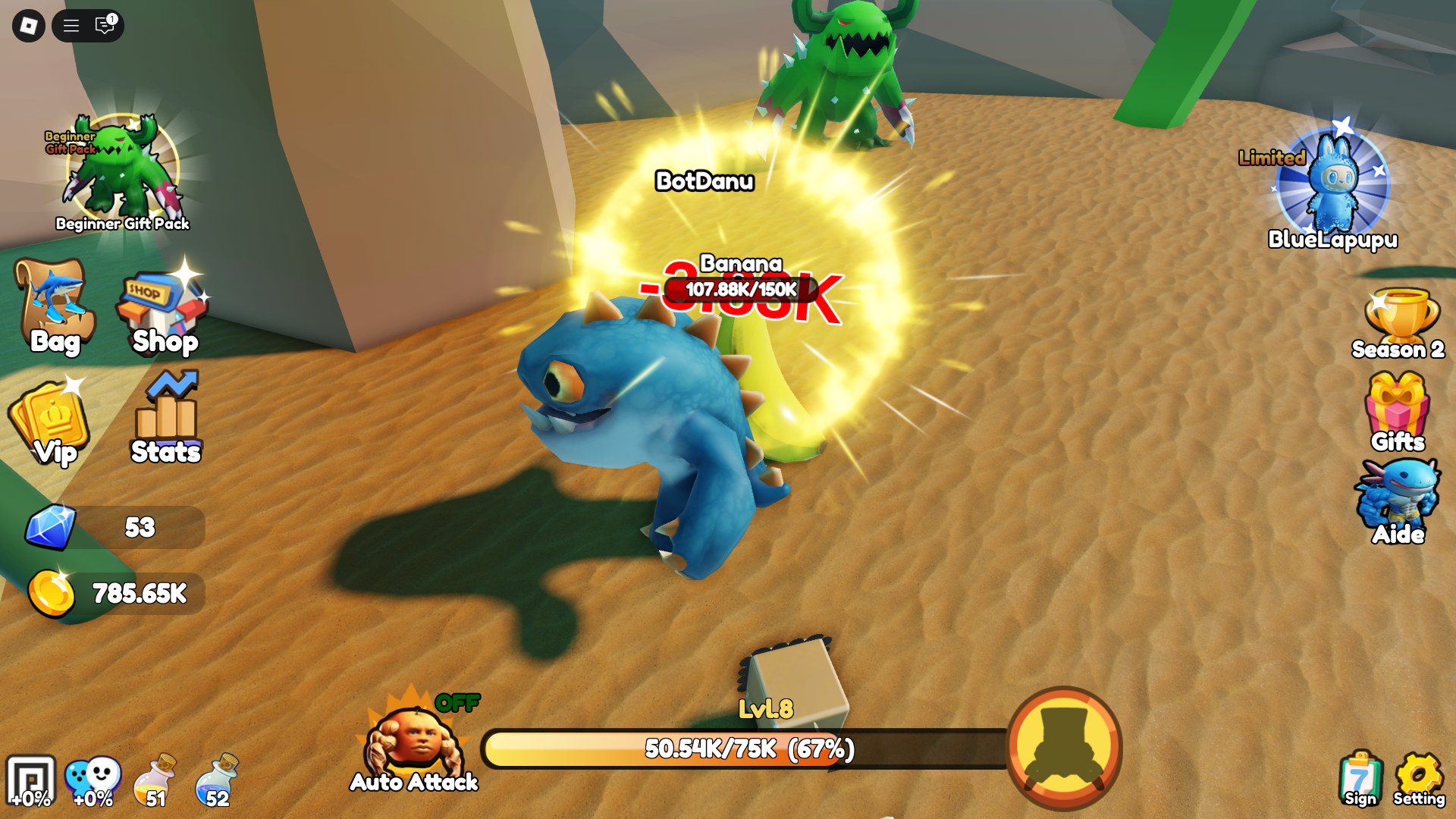 Beating the banana for EXP (Image via Roblox)