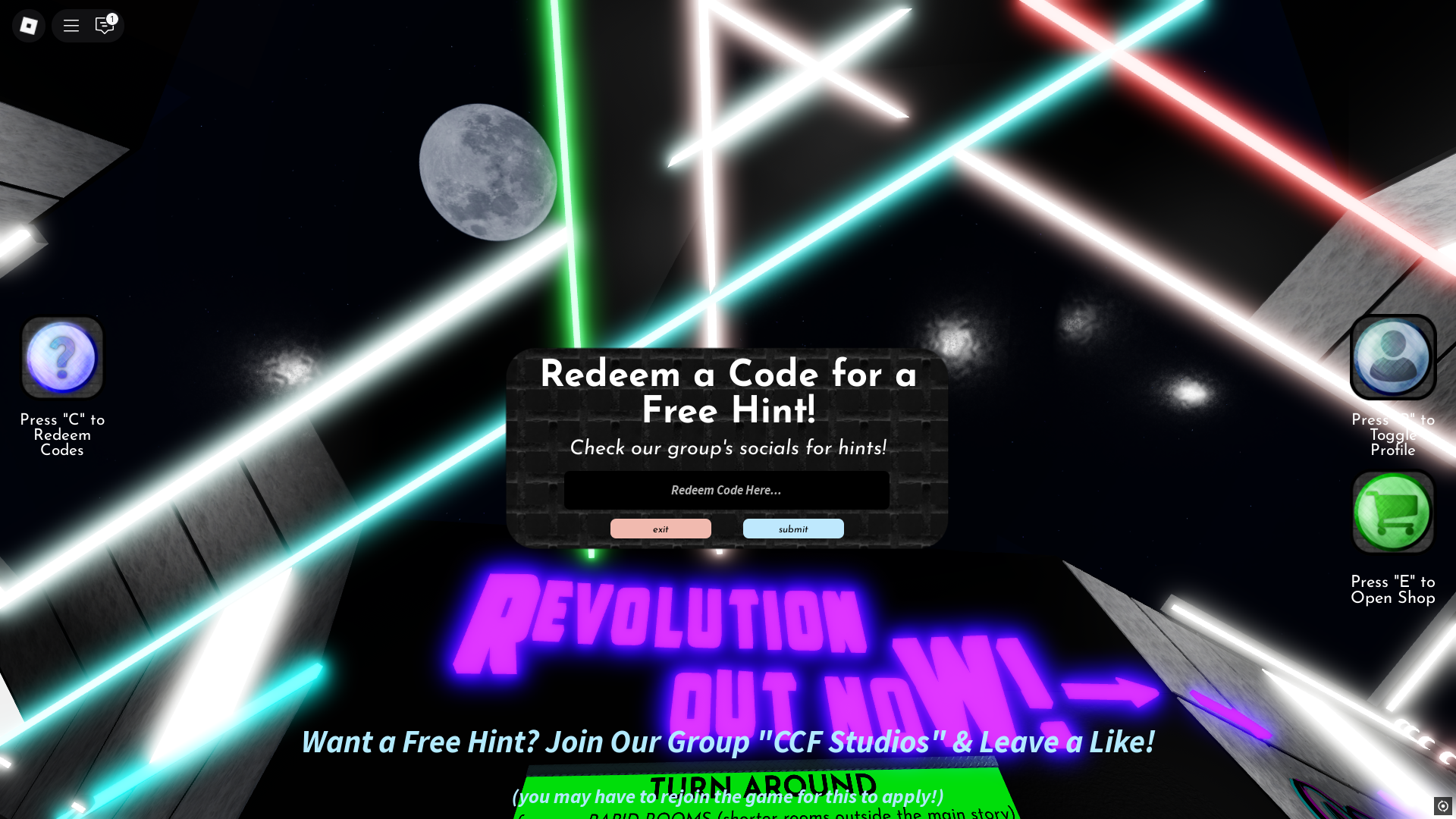 Redeeming codes for hints (Image via Roblox)