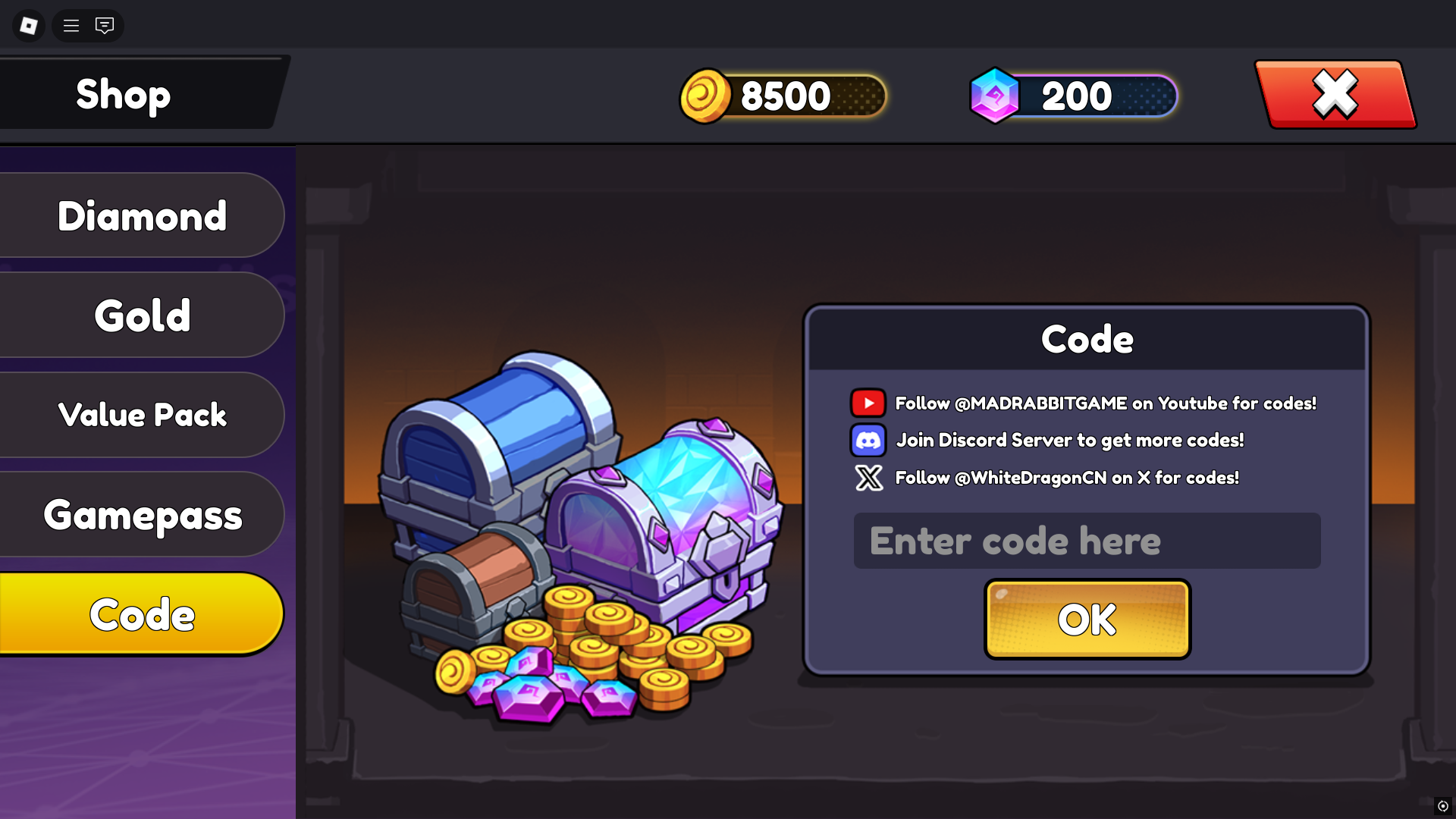 Redeeming codes for gems (Image via Roblox)