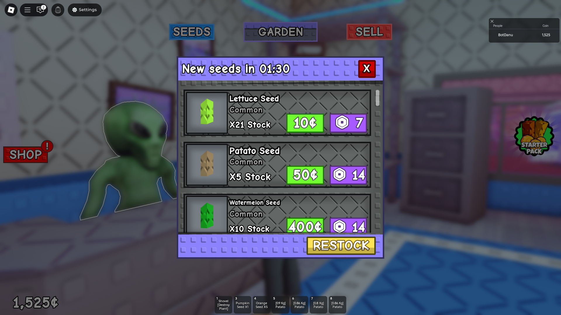 Buying new seeds from the shop (Image via Roblox)