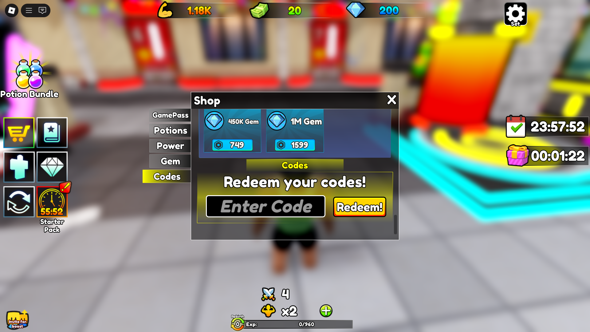 Redeeming codes for potions (Image via Roblox)