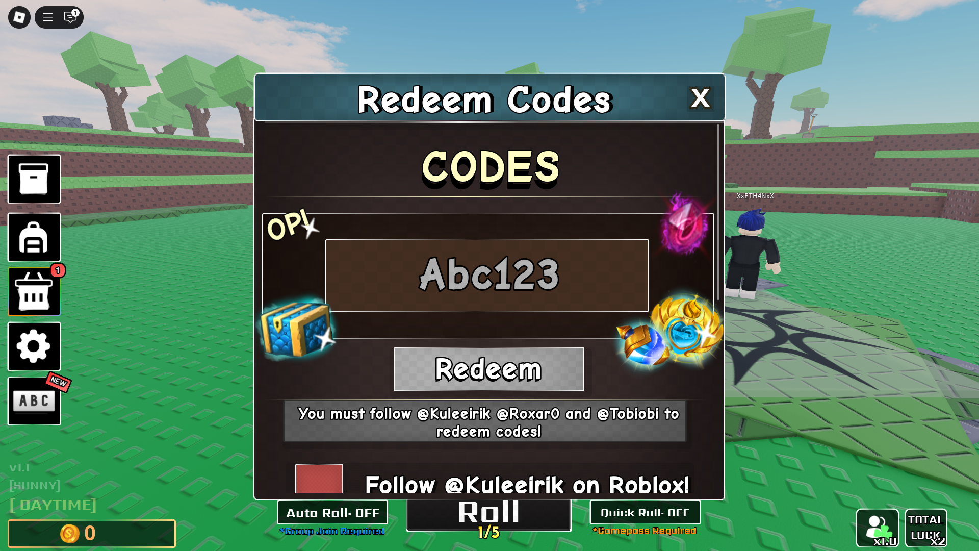 Redeeming codes for free rewards (Image via Roblox)