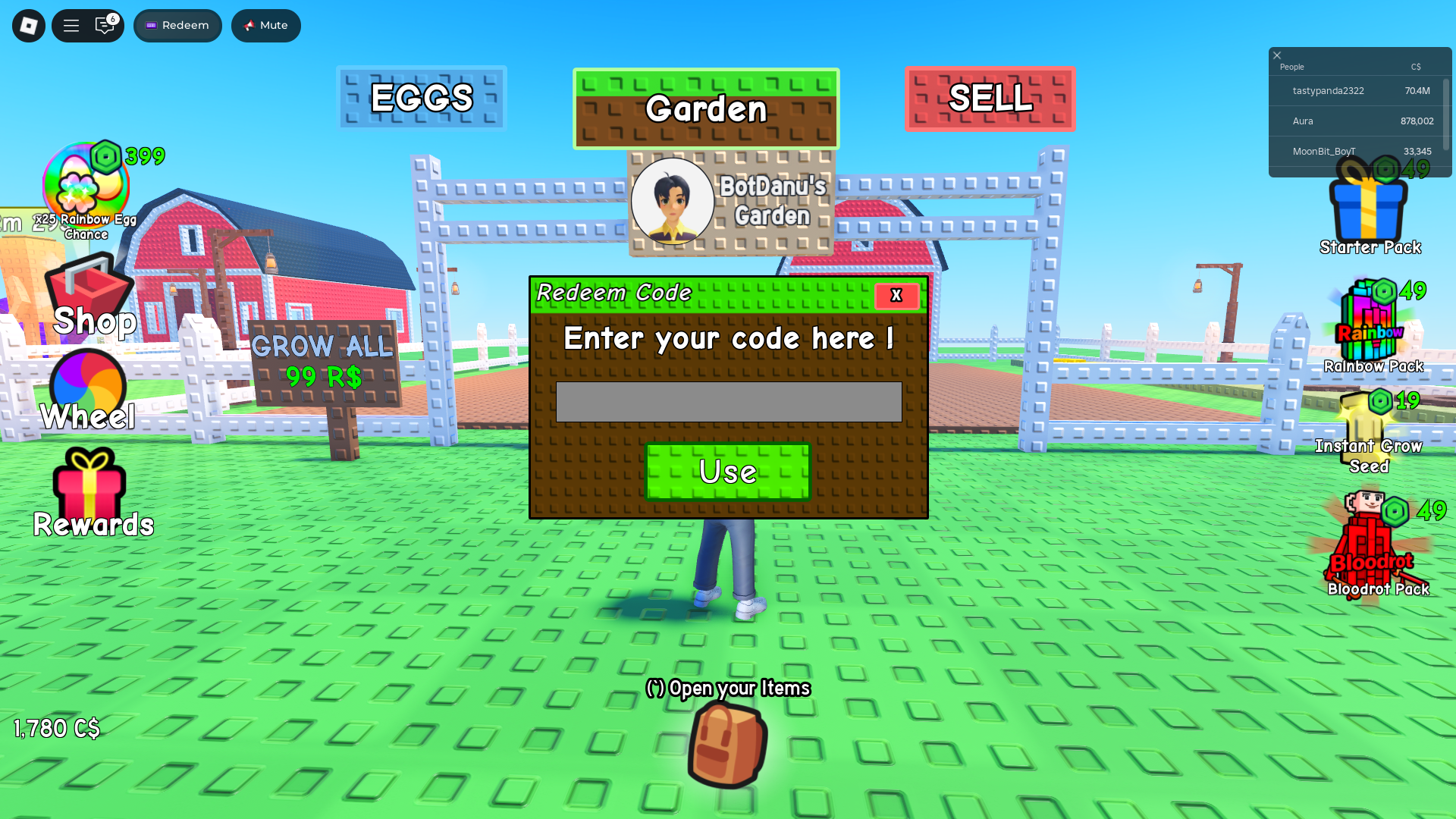Redeeming codes for free eggs (Image via Roblox)