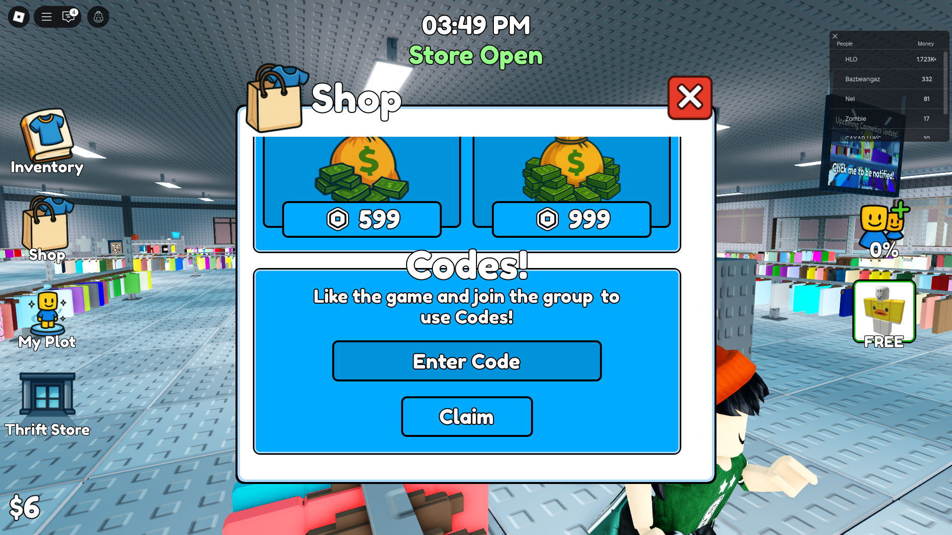 Redeeming codes for free cash (Image via Roblox)