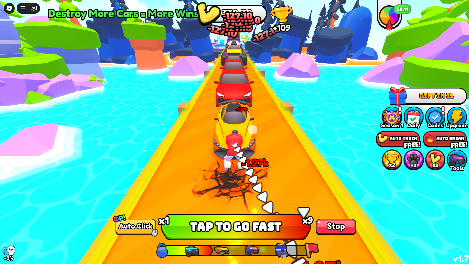 Destroying cars on road (Image via Roblox)