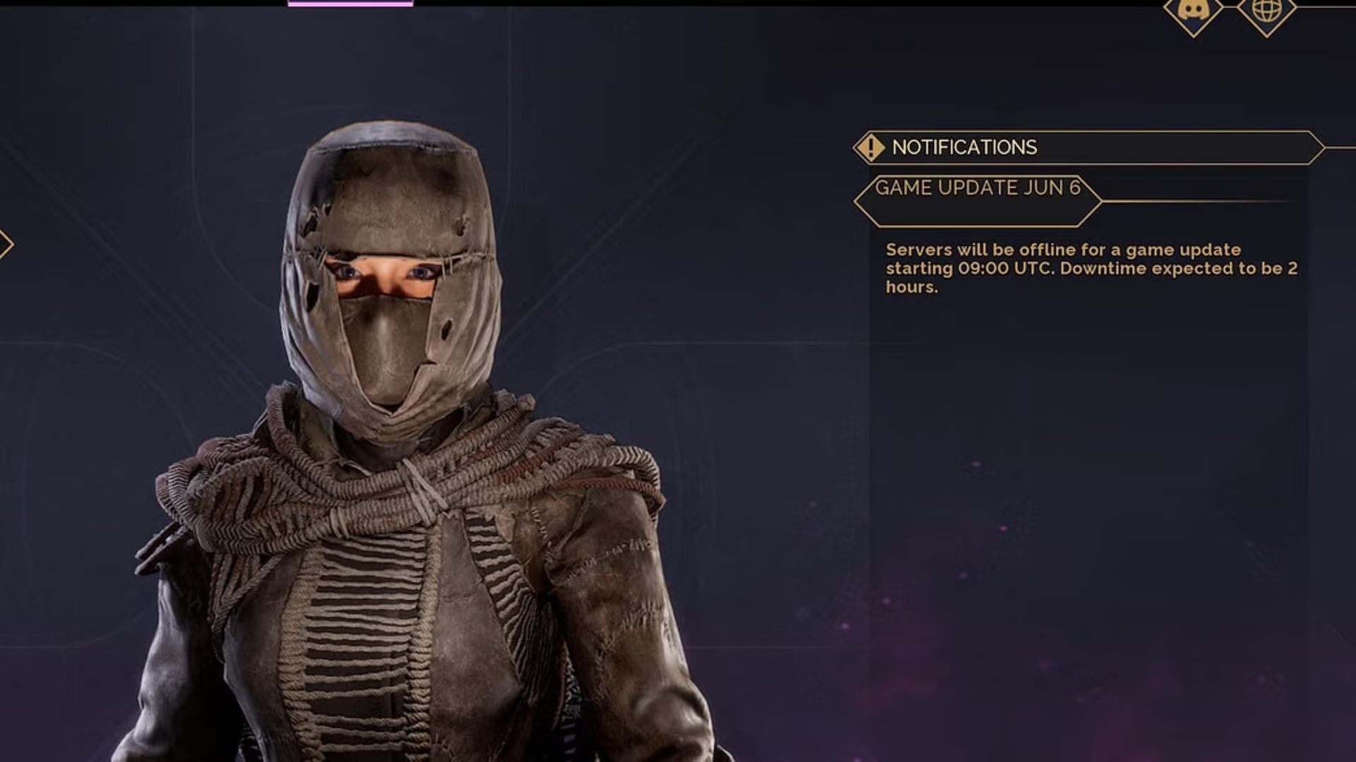 Dune Awakening in-game notification about server maintenance downtime today on June 6 2025 and when the servers will be back online.