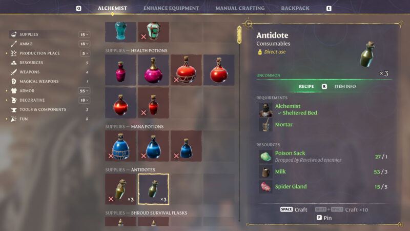Enshrouded Antidote crafting recipe with Alchemist and Mortar