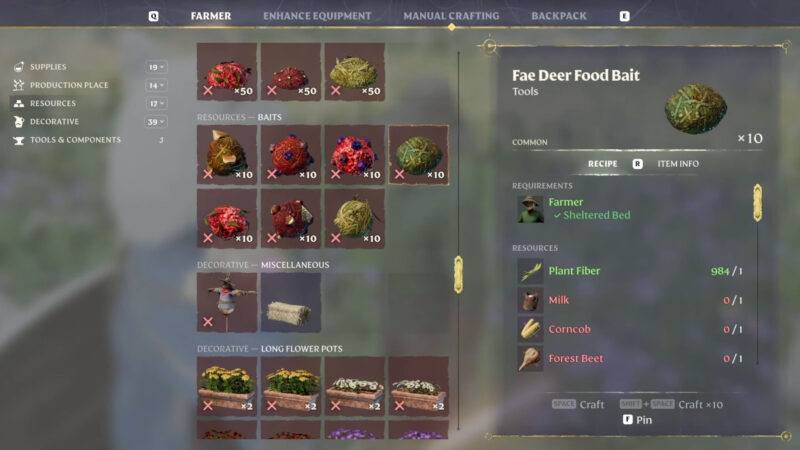 Enshrouded Fae Deer Food Bait crafting recipe with the Farmer