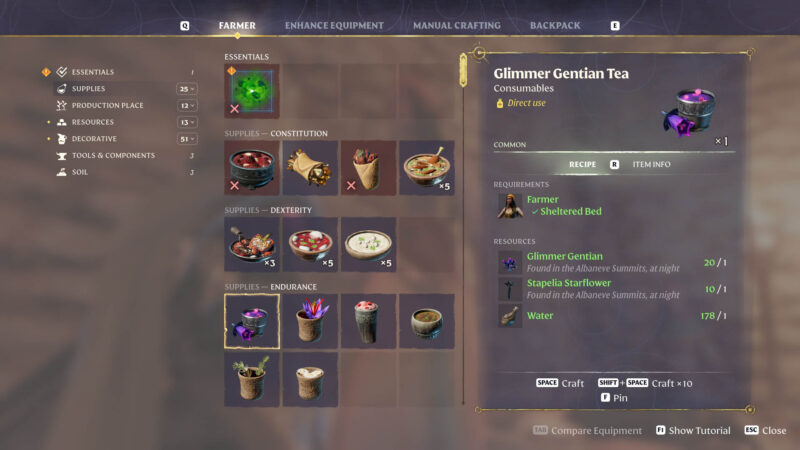 Enshrouded Glimmer Gentain Tea full crafting recipe with Farmer