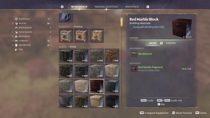 Enshrouded Red Marble Block crafting recipe at workbench