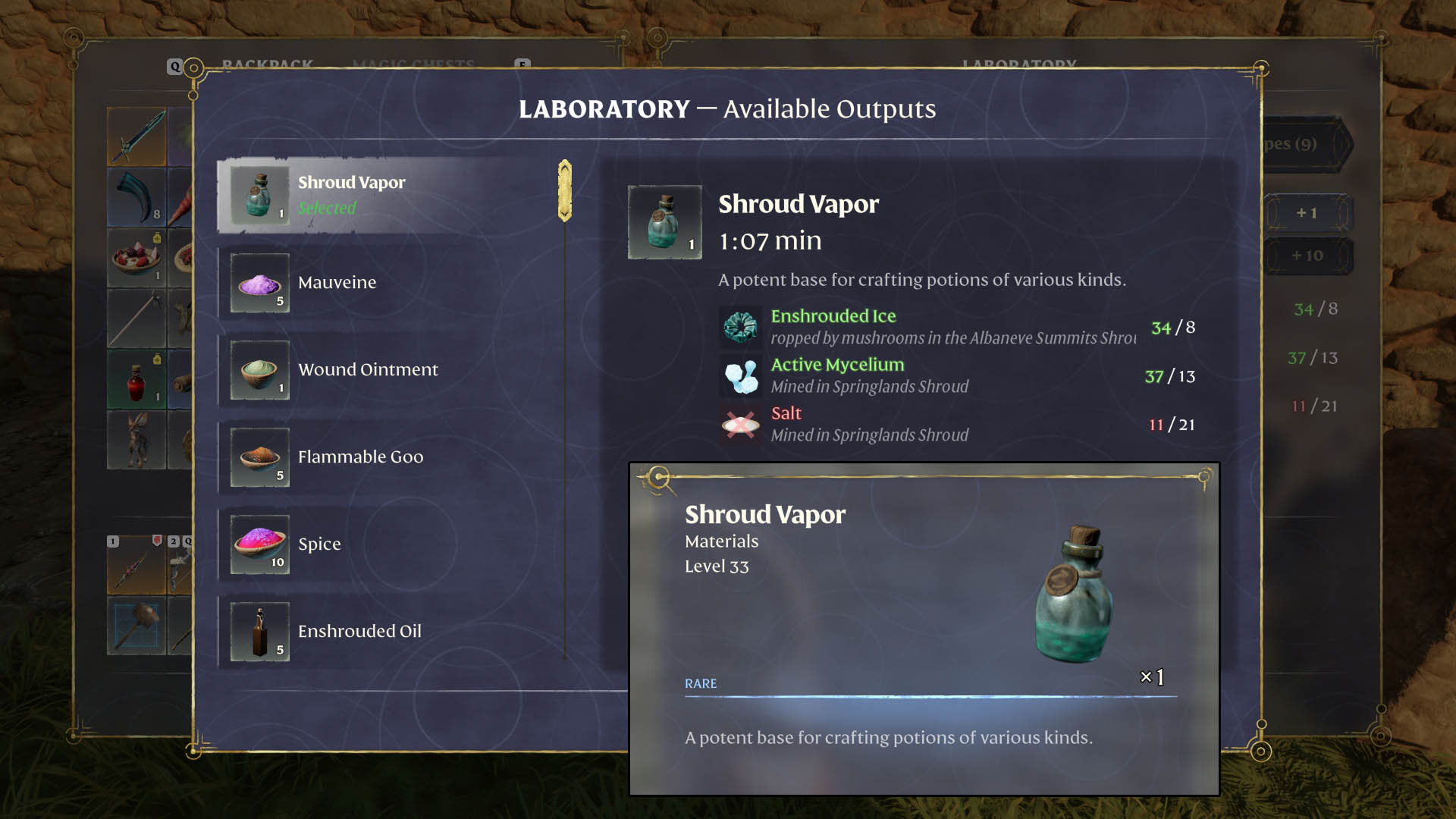 Enshrouded Shroud Vapor crafting recipe at the Laboratory