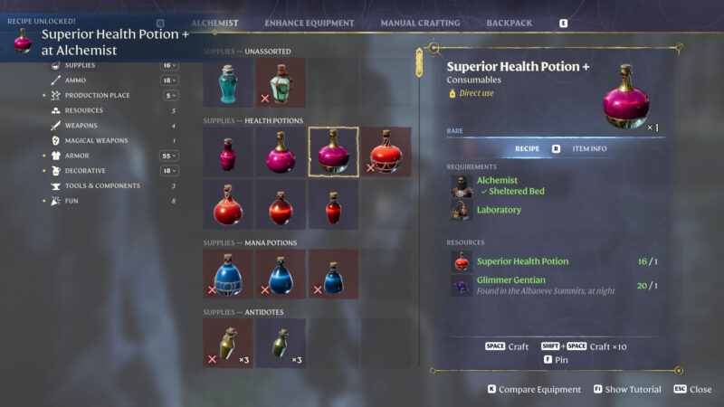 Enshrouded Superior Health Potion Plus full crafting recipe with Alchemist