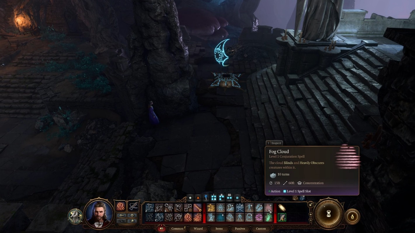 Vision-obscuring spells like Fog Cloud blind the turret (Image via Larian)