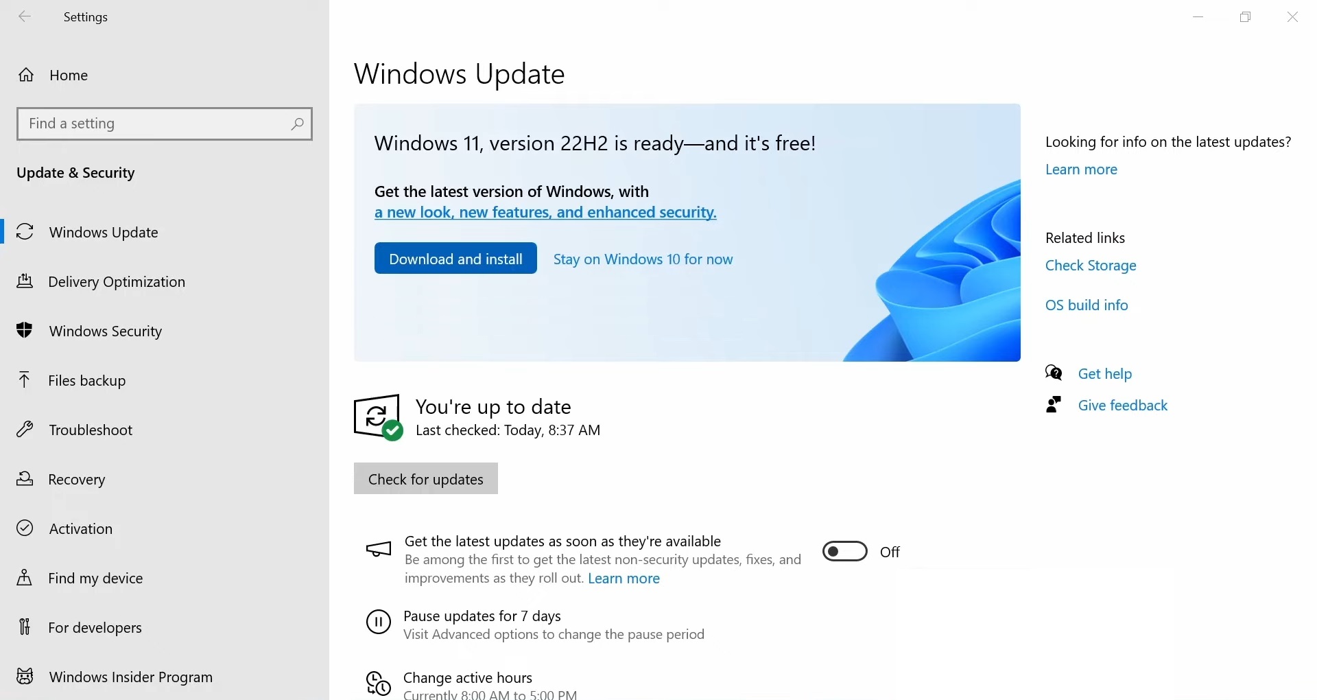 Picture of Windows Update page in Settings app