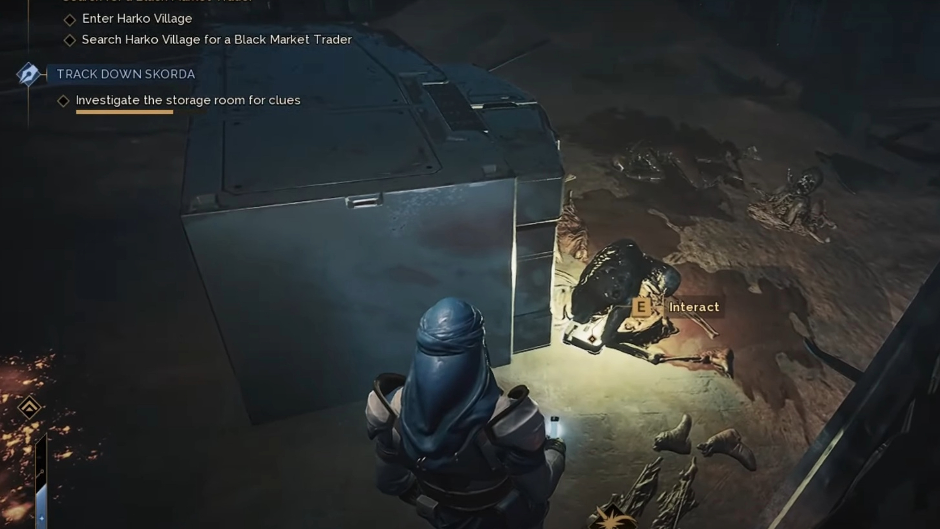 Interact with the corpses to get the notebook