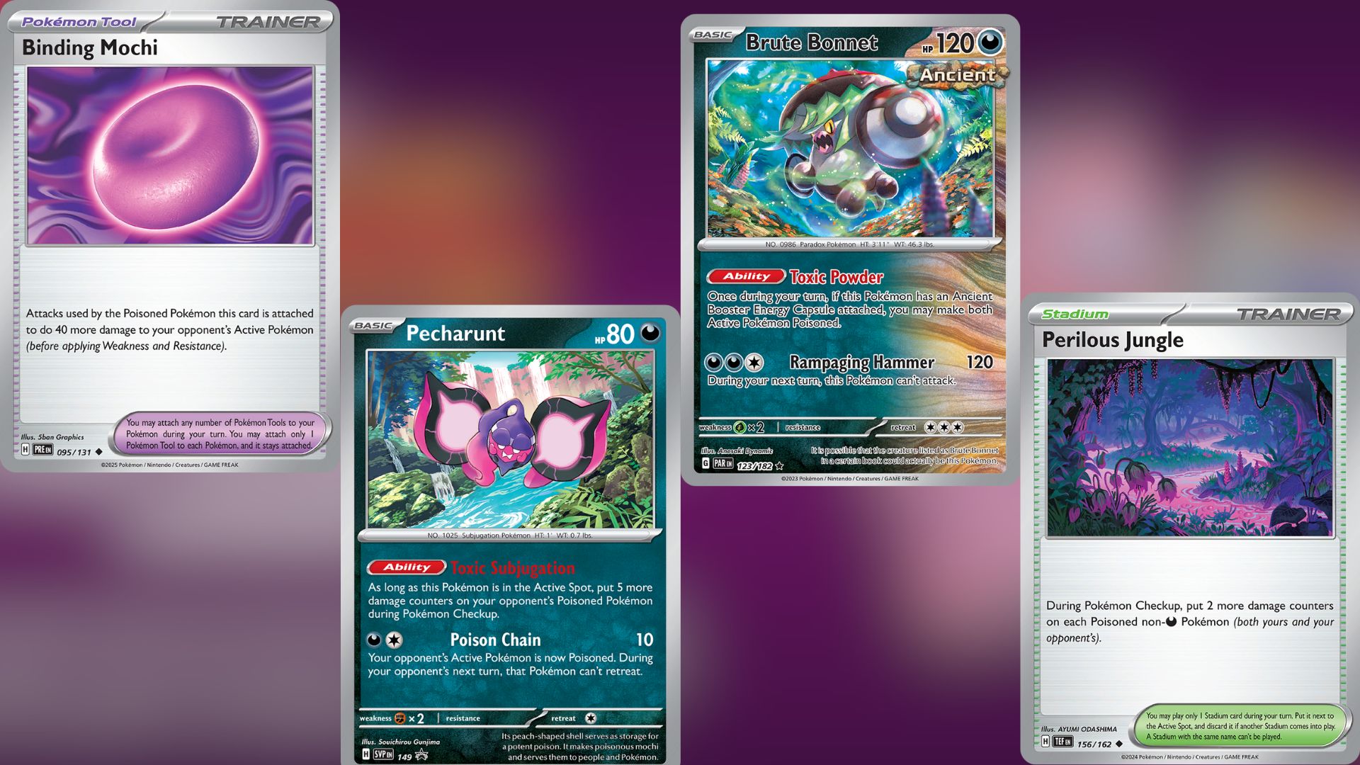 Binding Mochi, Pecharunt, Brute Bonnet, and Perilous Jungle (Image via TPC)