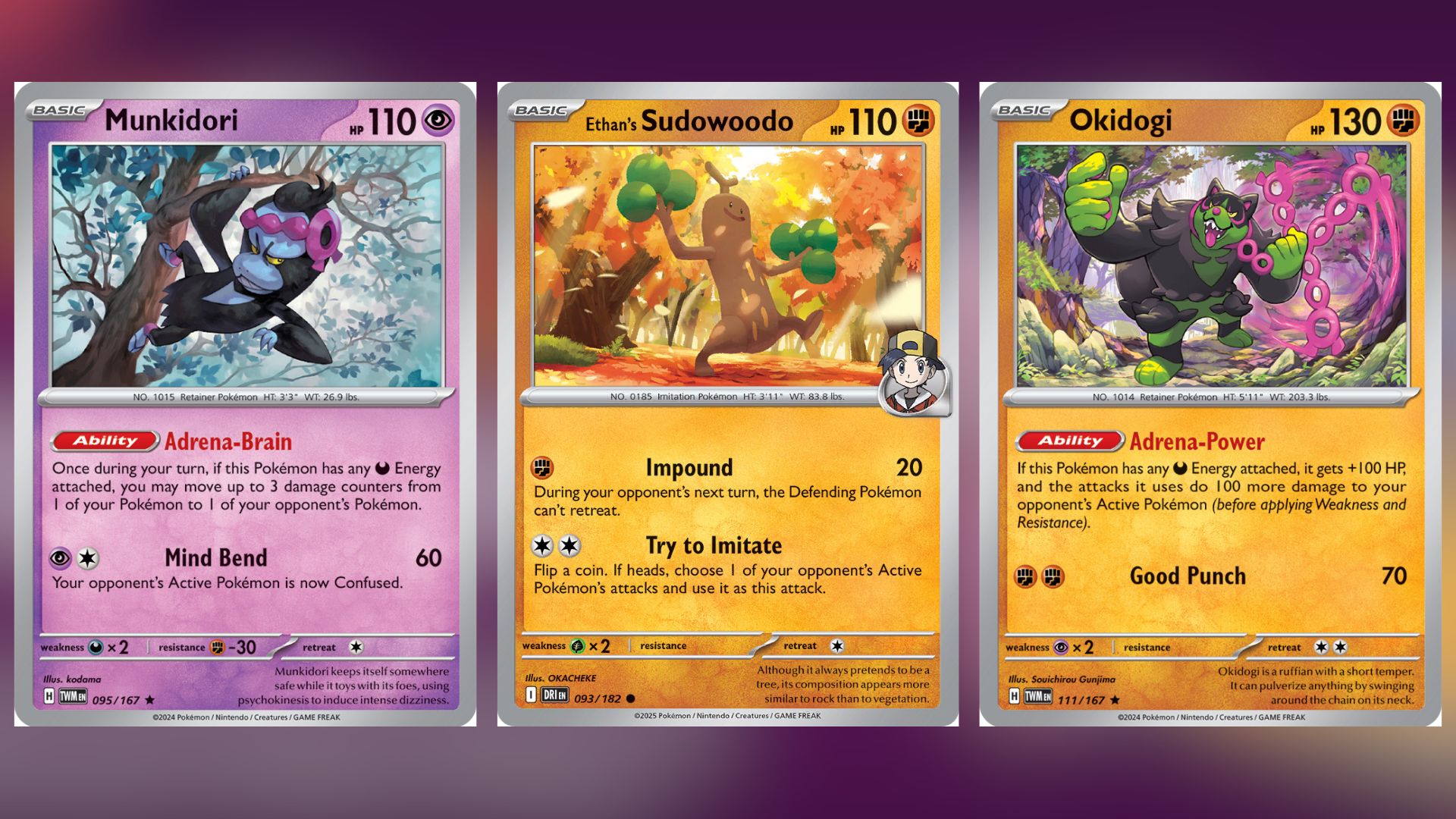 Munkidori, Ethan's Sudowoodo, and Okidogi (Image via TPC)