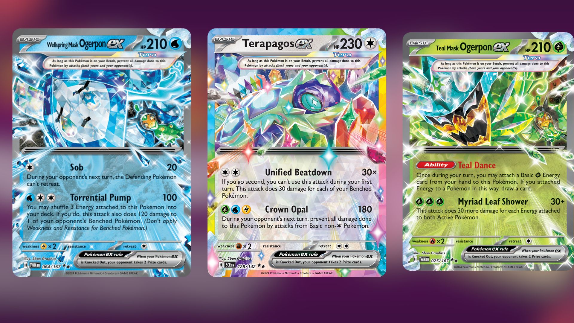 Wellspring Mask Ogerpon ex, Terapagos ex, and Teal Mask Ogerpon ex (Image via TPC)