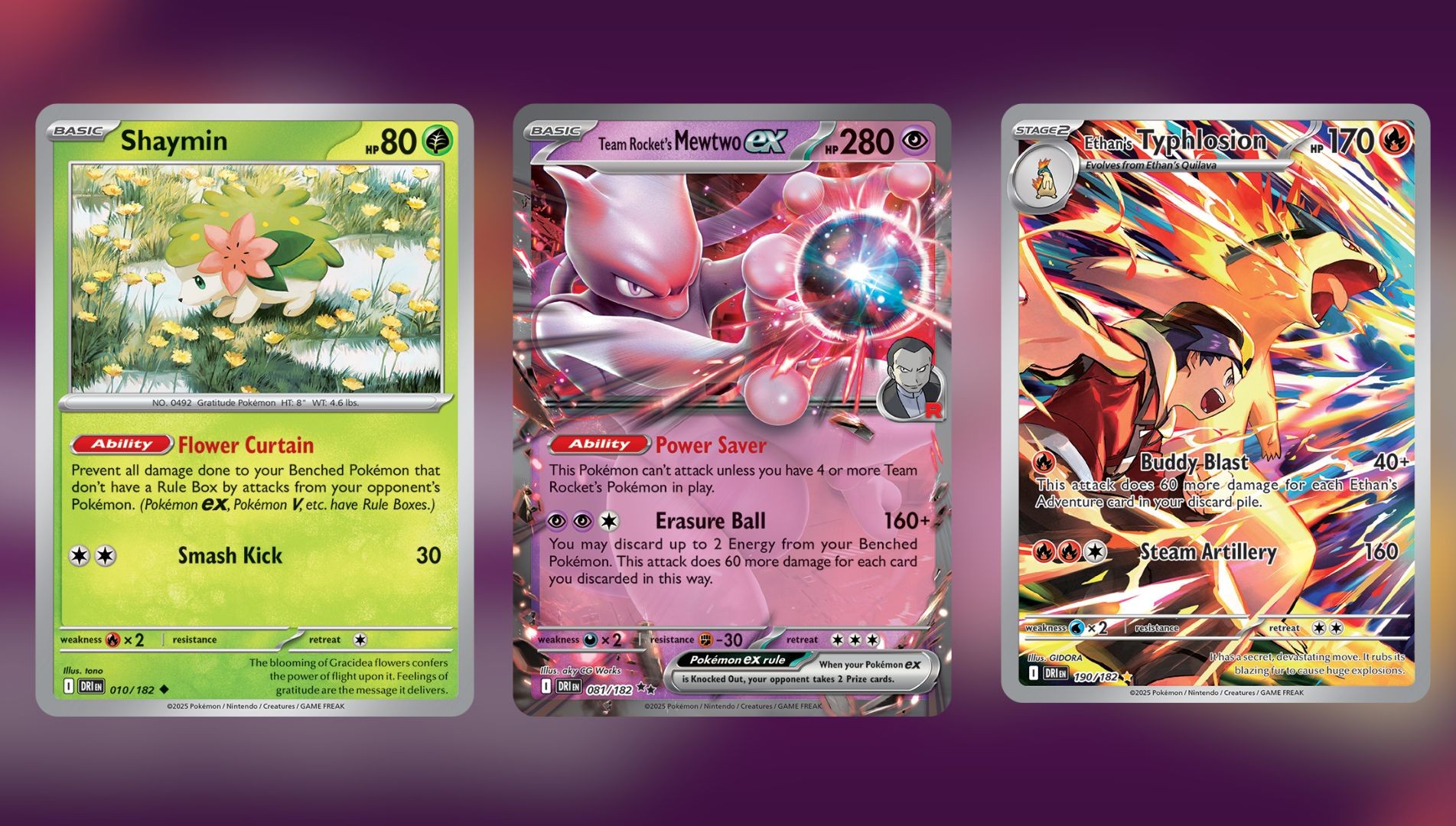 Shaymin, Team Rocket's Mewtwo ex, and Ethan's Typhlosion in Pokemon TCG Destined Rivals (Image via TPC)