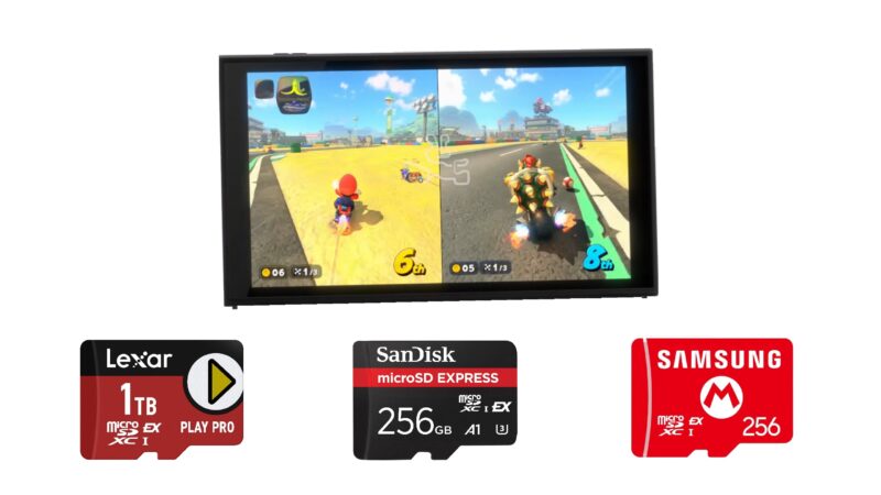 Picture of Nintendo Switch 2 and its compatible microSD Express cards