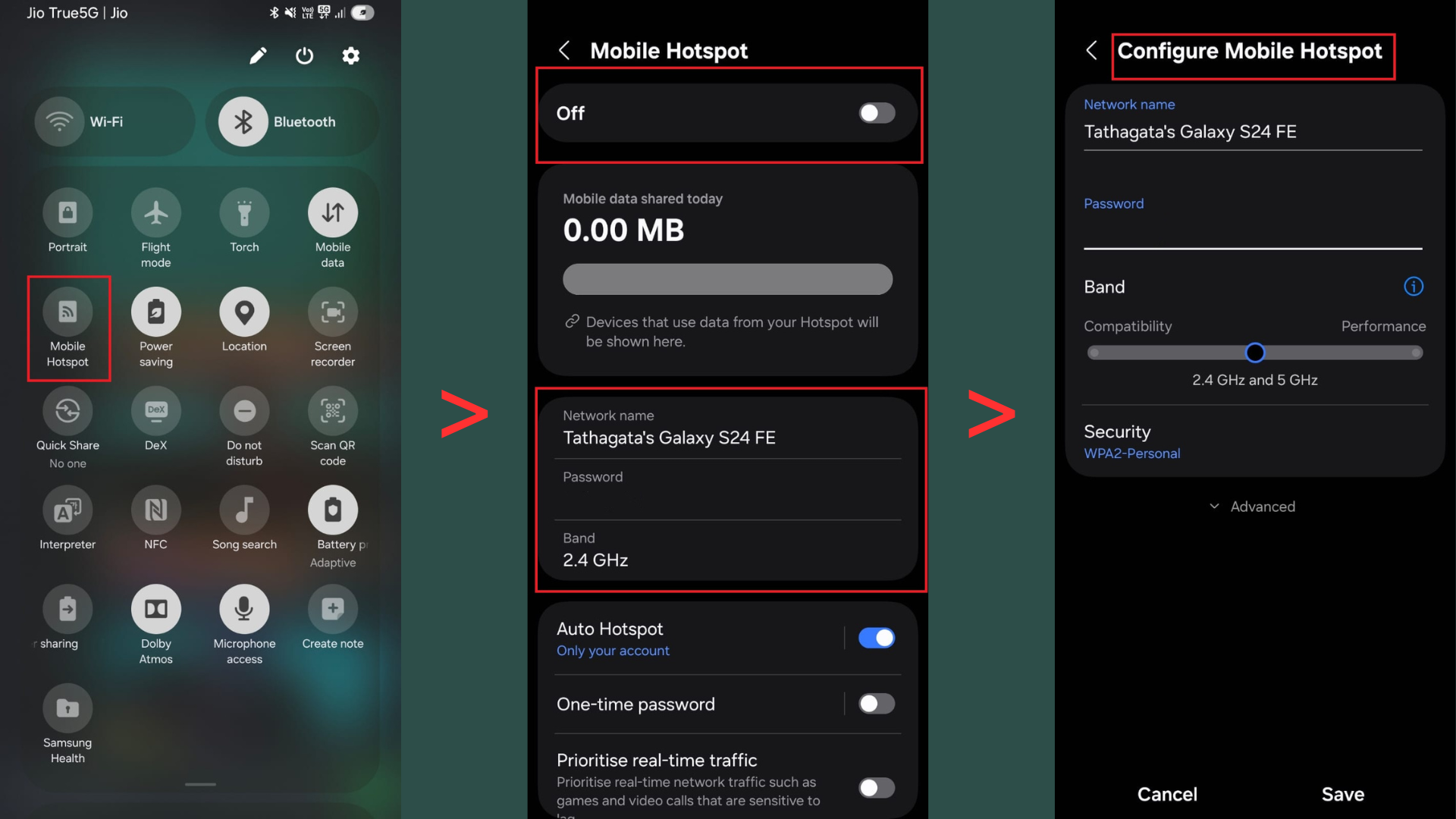 Steps showing how to turn on and configure mobile hotspot on android