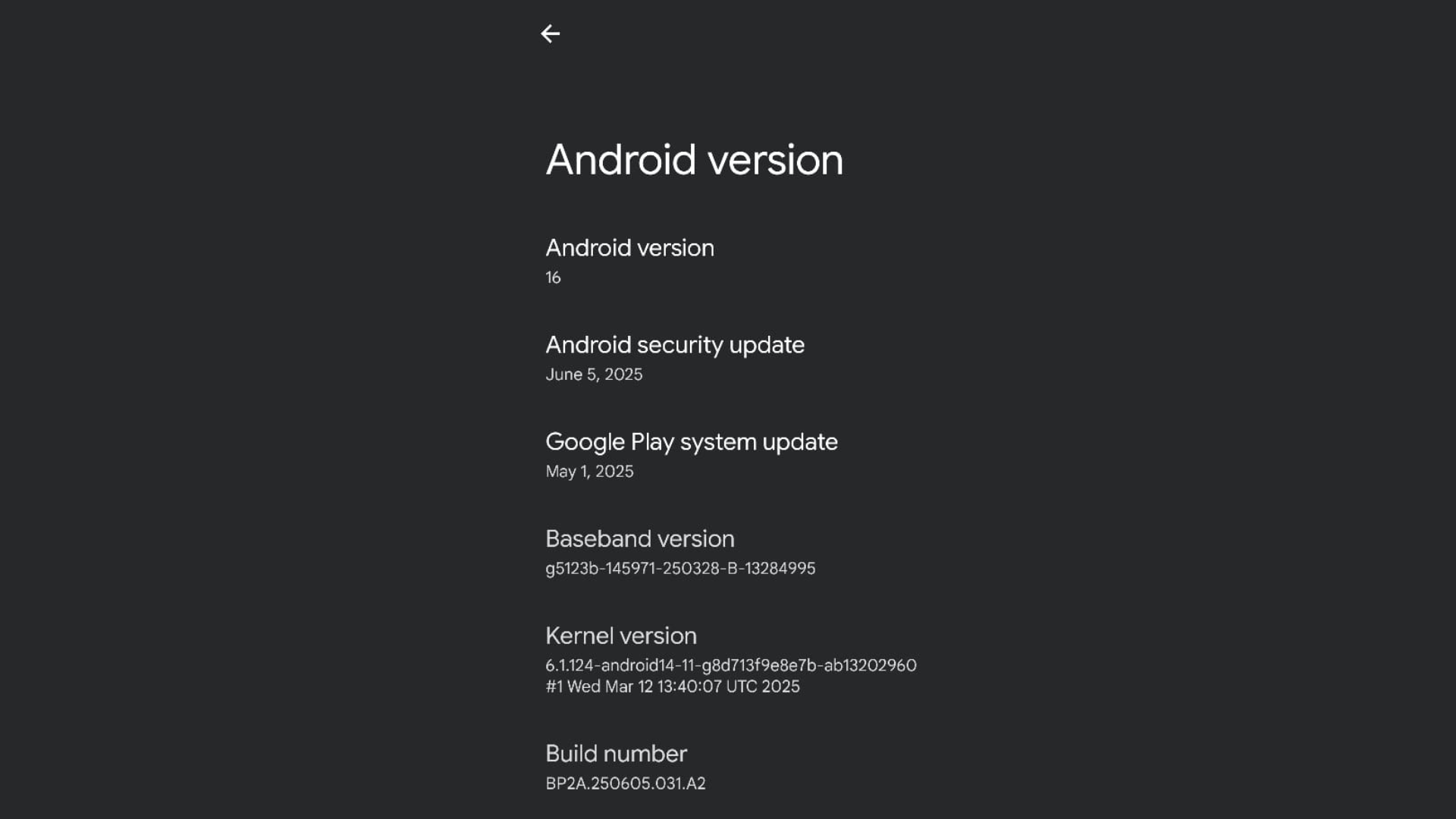Version details of Android 16 on Pixel 6A