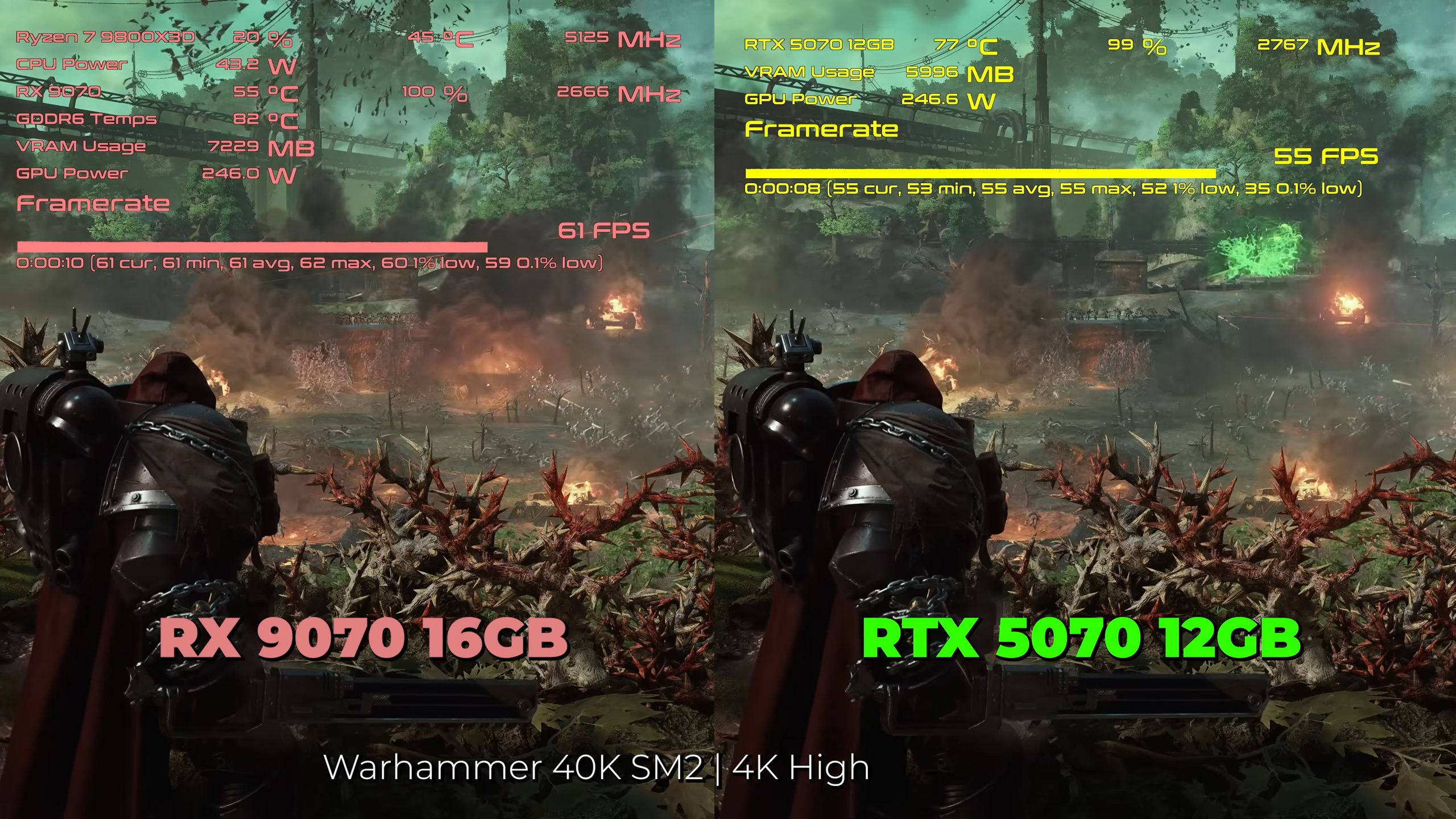 Picture of Warhammer Space Marine 2 running at 4K on RTX 5070 vs RX 9070