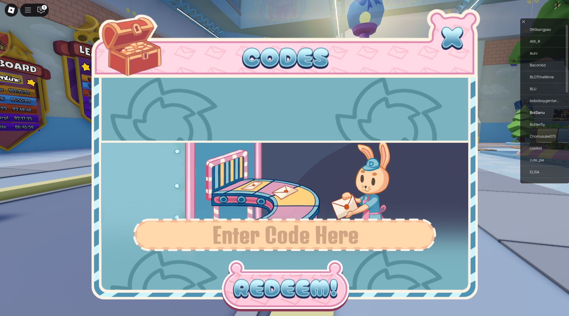 Redeeming codes for free dollybucks (Image via Roblox)