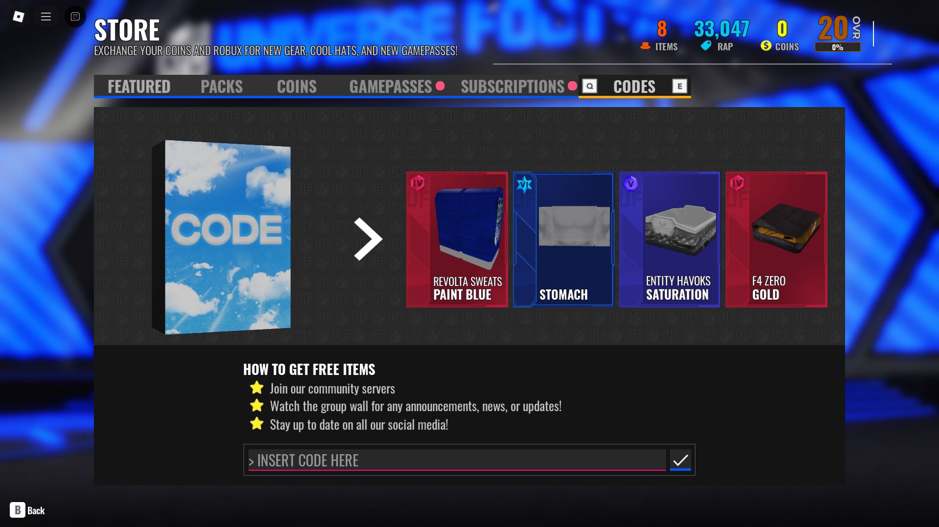 Redeeming codes for free rewards (Image via Roblox)