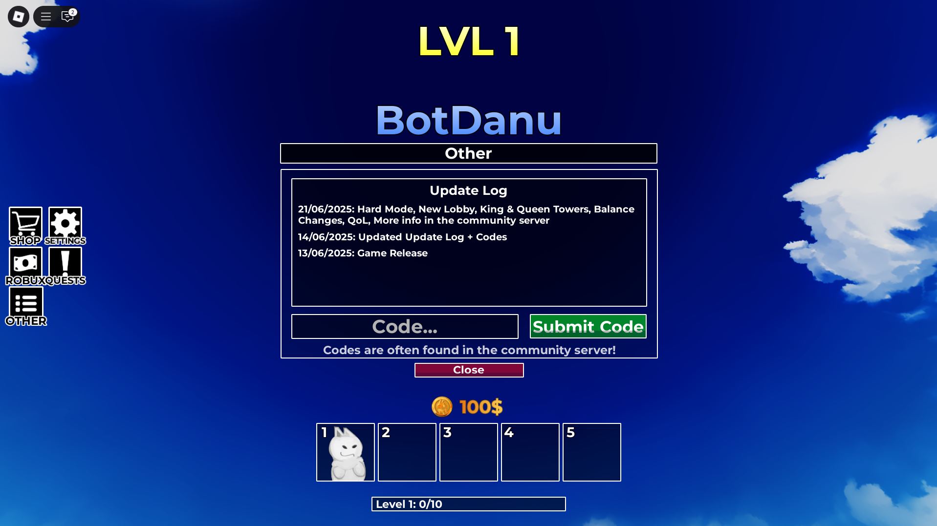 Redeeming codes for free rewards in Gubby Tower Defense (Image via Roblox)
