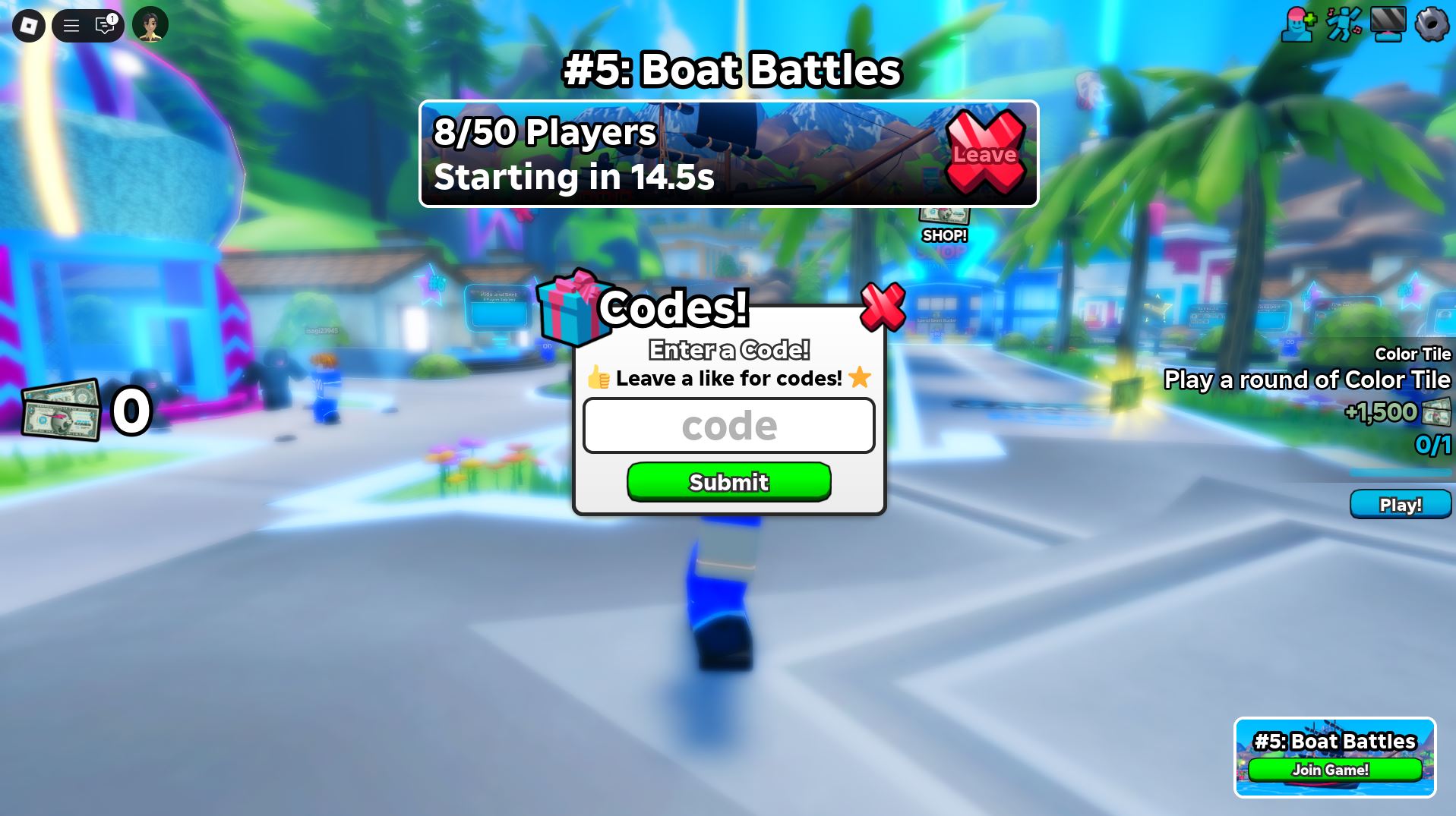 Redeeming codes in Beast Games (Image via Roblox)