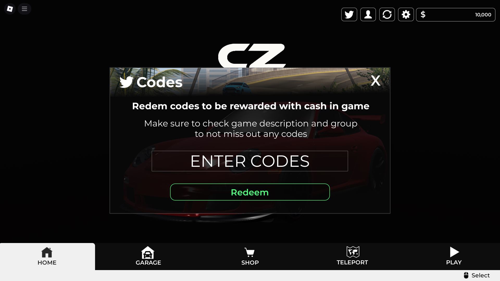 Redeeming codes in Car Zone (Image via Roblox)