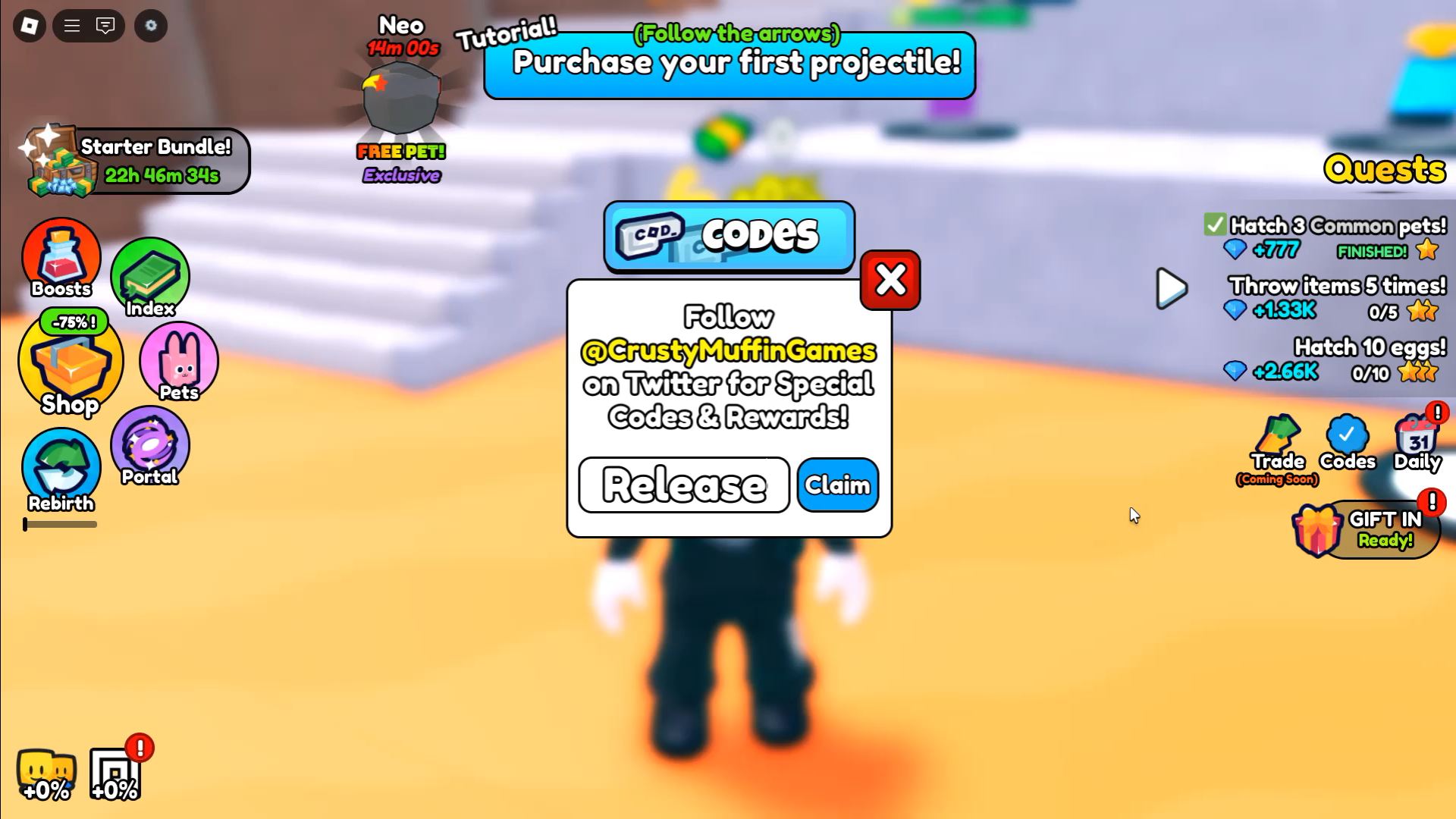 Redeeming codes in Feed The Giant (Image via Roblox)