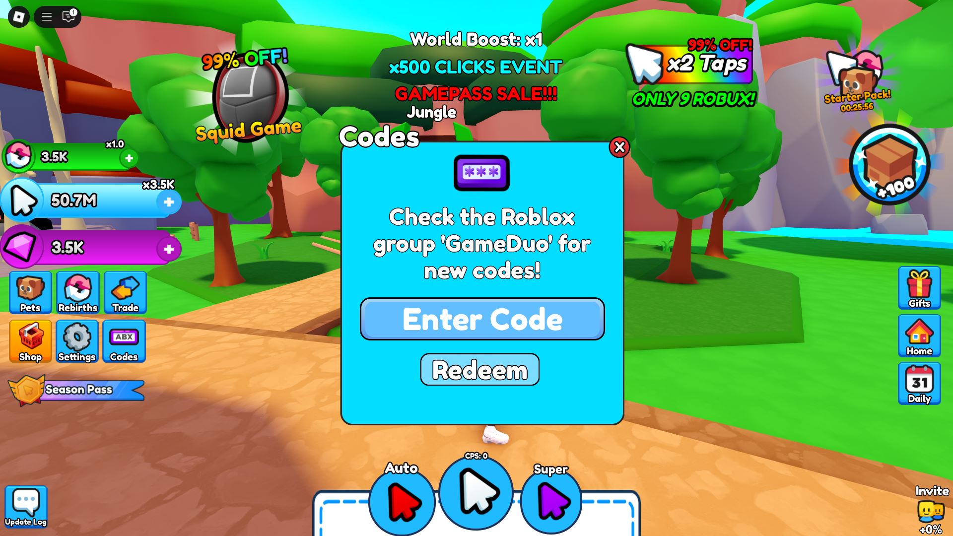 Redeeming codes in Mega Clickers (Image via Roblox)