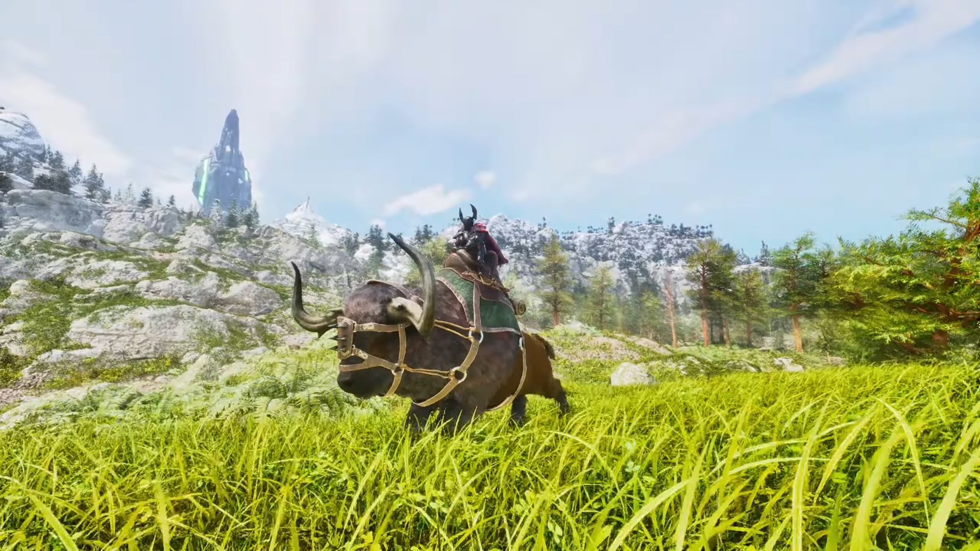 Riding a Bison in Ark Survival Ascended (Source: Studio Wildcard | ClickTockClock/YouTube)