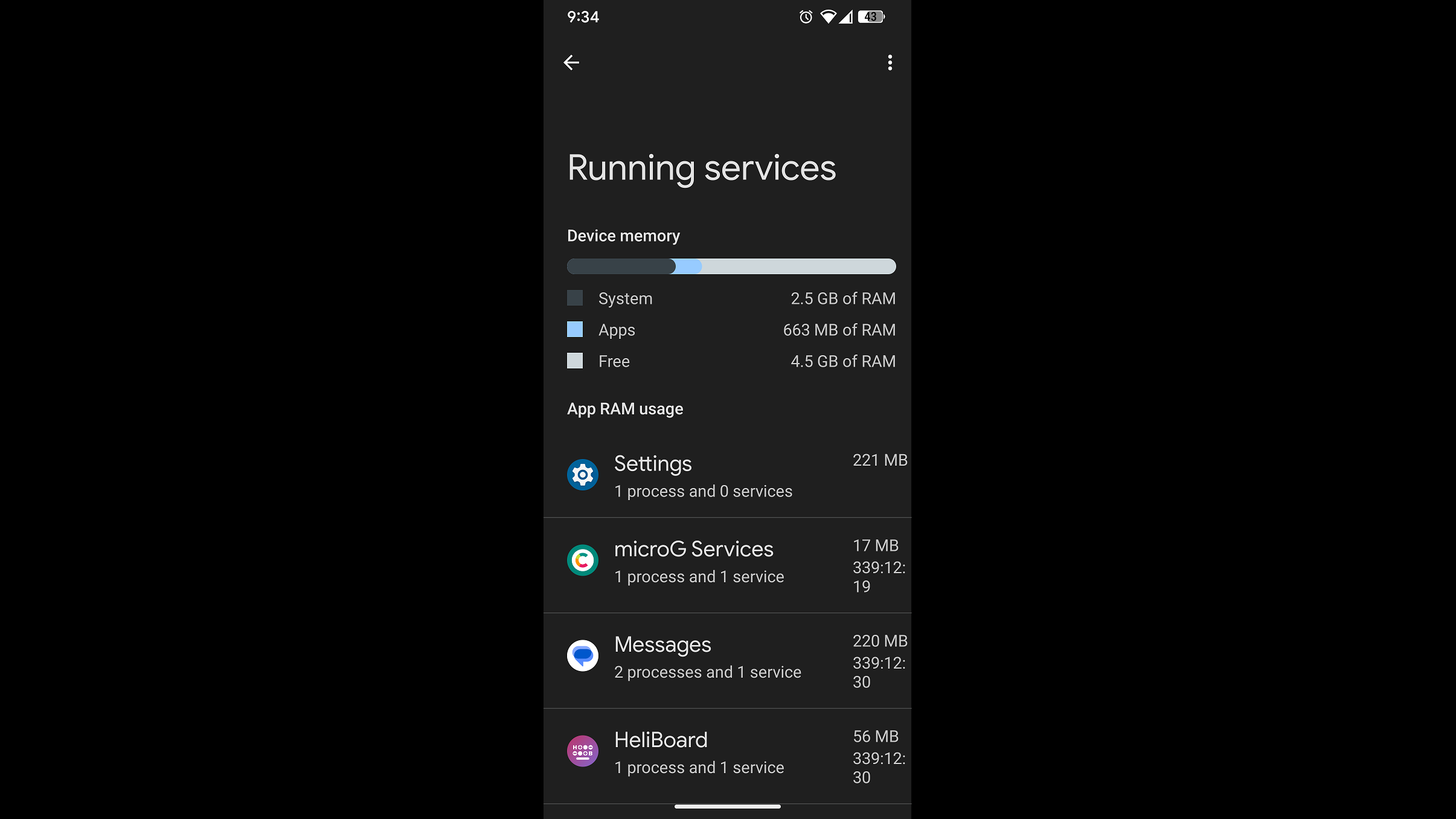 Picture of Running Services diagnostic tool in Android