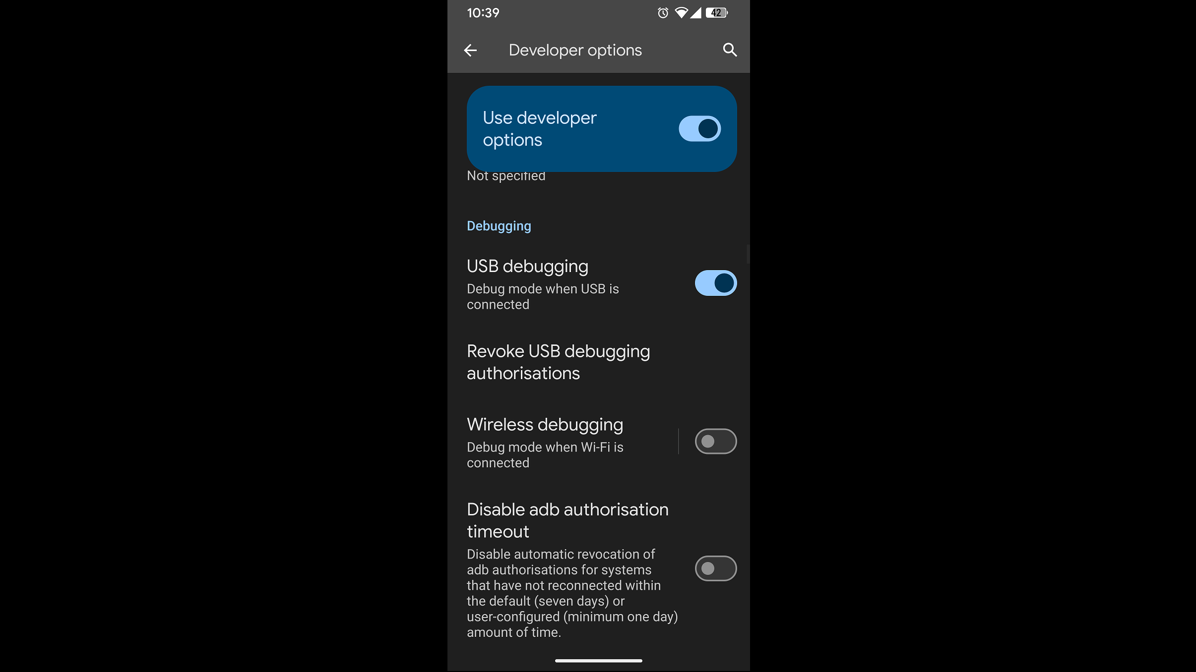 Picture of ADB Debugging in developer settings