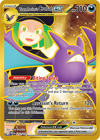 Team Rocket's Crobat ex Hyper Rare card from the Pokemon TCG Destined Rivals Set.