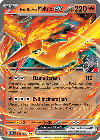 Team Rocket's Moltres ex Double Rare Card from the Pokemon TCG Destined Rivals Set.