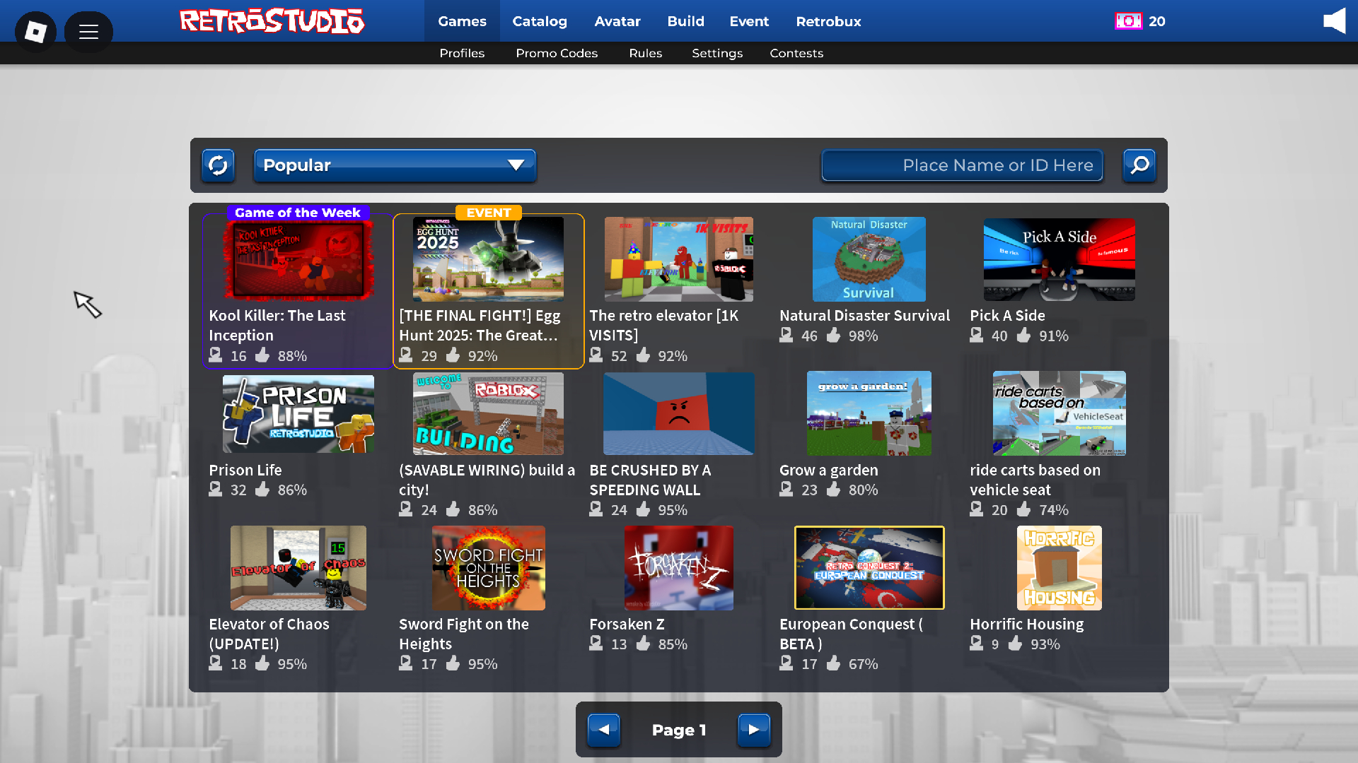 The RetroStudio Home screen (Image via Roblox)