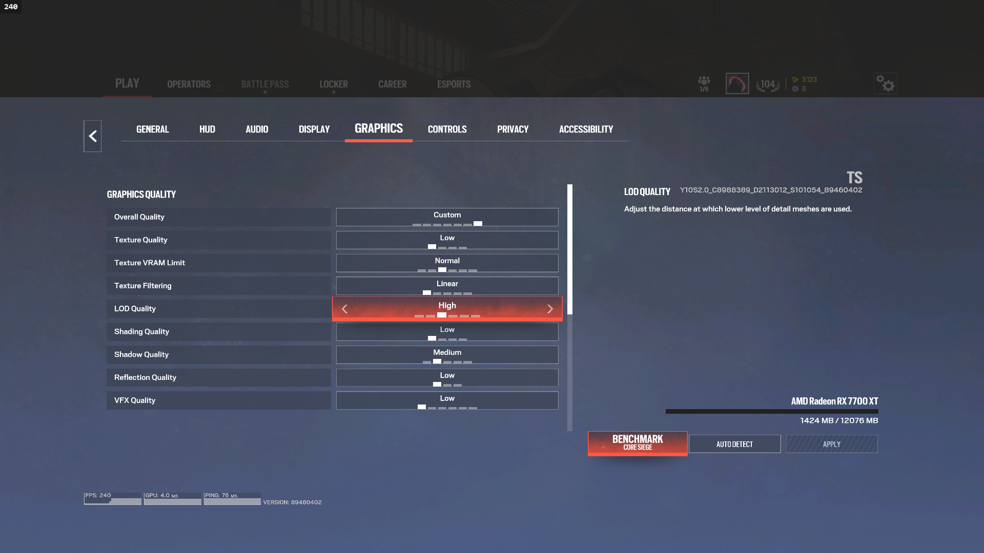 Graphics settings in Rainbow Six Siege X (Image via Ubisoft)