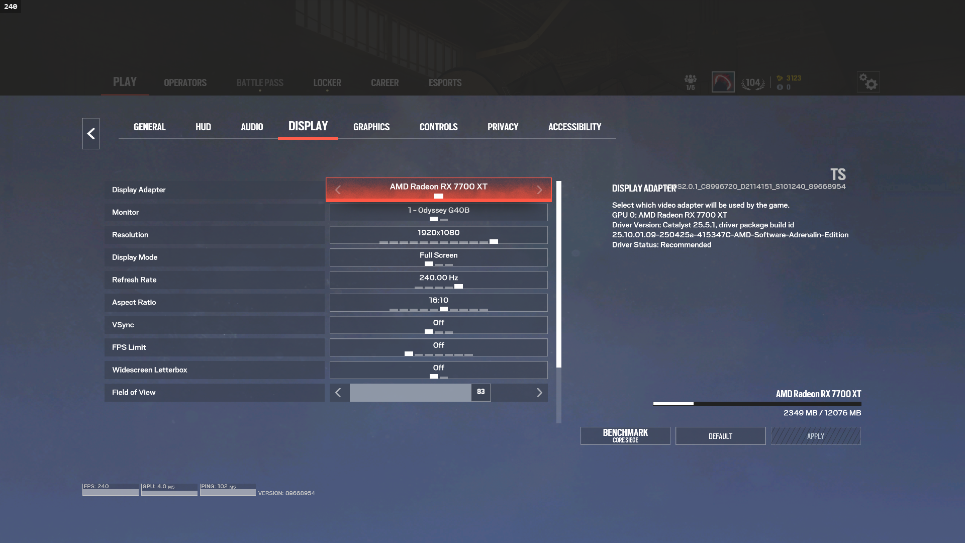 Display settings in Rainbow Six Siege X (Image via Ubisoft)