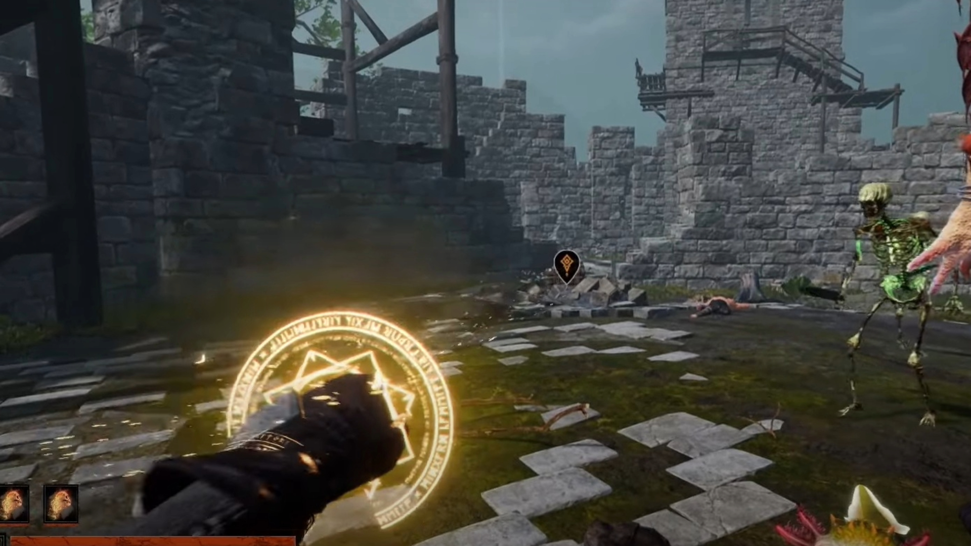 Use fire to clear the rubble at the Ruined Broch